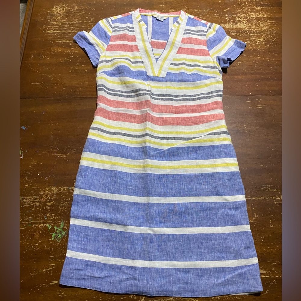 Boden Women’s Linen Short Sleeve Dress V Neck Striped Size 4R Preppy Coastal